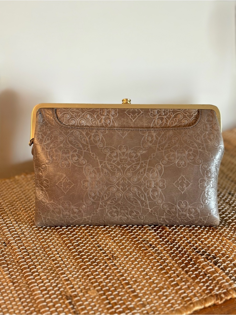 HOBO Embossed Taupe Frame Double Clutch with Gold-Tone Trim